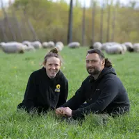 Anaïs Langlais et Antoine Floury devant les moutons Belle-Île dans la houblonnière