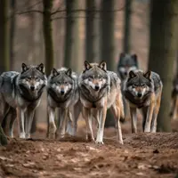 Image générée par IA montrant une meute de loups dans un bois.