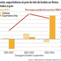 Gaphique : Collecte, exportations et prix du lait de brebis en Grèce, d'octobre à juin