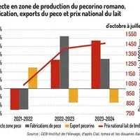 Graphique : Collecte en zone de production du Pecorino Romano, d'octobre à juillet*, fabrications, exports du Peco et pri