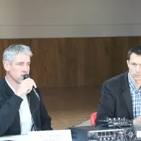 Thierry Orcière et Christophe Guillerand, lors de l'assemblée générale de Copagno, le 27 mai à Coren (Cantal).