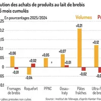 Graphique : Évolution des achats de produits au lait de brebis sur 5 mois cumulés ©Institut de l'élevage, d'après Ka