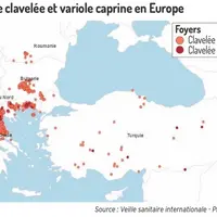 Localisation des foyers de clavelée en Grèce, Bulgarie, Macédoine du Nord, Roumanie, Serbie et Turquie depuis juillet 2025.</e