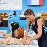 Une trieuse de laine et un tondeur aux Mondiaux de tonte 2019.