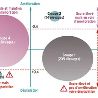 Segmentation des élevages selon le score Madec de lésions pulmonaires et son évolutionLe groupe 1 (score mauvais, dégradation) et le groupe 2 (score b