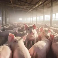 Agricultural Crops: Pigs in pig farms still eat from troughs. Food in the barn, healthy pigs, pig farm