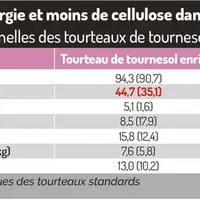 Plus de protéines, d’énergie et moins de cellulose dans les tourteaux enrichis.Caractéristiques nutritionnelles des tourteaux