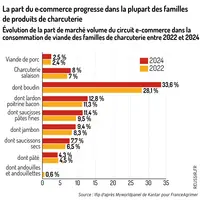 Graphique = La part du e-commerce progresse dans la plupart des familles de produits de charcuterieÉvolution de la part de mar