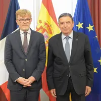 Marc Fesneau, ministre de l’Agriculture français, ce matin lors d’une conférence de presse avec son homologue espagnol Luis Planas, à Madrid.