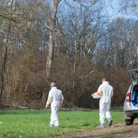 Agents de la police de l'environnement sur le terrain en bordure de forêt.