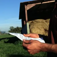 Agriculteur lisant un document.
