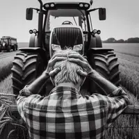 Agriculteur se prenant la tête dans les mains devant un tracteur