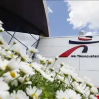 logo les mousquetaires sur un mur blanc avec fleurs en premier plan