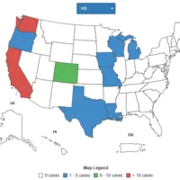 Carte des Etats-Unis représentant le nombre de cas humains de grippe H5 au 1er janvier 2025 (Blanc : 0 cas ; Bleu : de 1 à 5 cas ; Vert : de 6 à 10 ca
