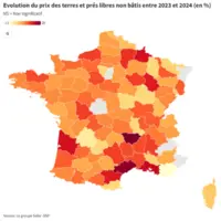 Carte de l’évolution des prix des terres et prés libres entre 2023 et 2024
