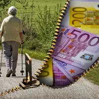 Femme âgée marchant dans la campagne avec des billets en euros à côté.