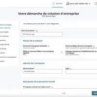 Première page de la formalité de création d'entreprise au Guichet unique