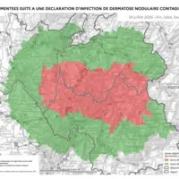 Carte des zones réglementées pour la dermatose nodulaire contagieuse bovine au 24 juillet 2025