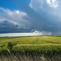 Paysage agricole avec au loin un nuage orageux