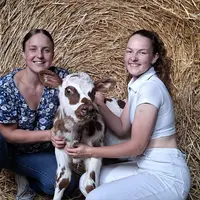 Deux jeunes étudiantes avec un veau devant accroupies devant une botte de paille