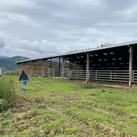 Deux personnes passant devant un hangar agricole