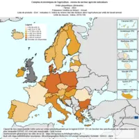 Carte de l'Union européenne représentant le revenu agricole selon l'index par unité de travail annuel.