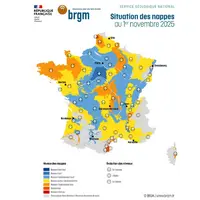 Carte de la France présentant l’état des nappes phréatiques au 1er novembre qui est satisfaisant. Cette carte est issue du dernier bulletin du BRGM pu