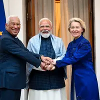 Le président du Conseil européen António Costa, le Premier ministre de l’Inde Narendra Modi et la présidente de la Commission européenne Ursula von de