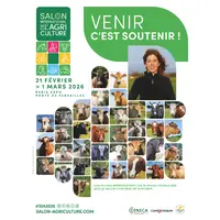 La nouvelle affiche du SIA 2026 avec l'ensemble des races bovines absentes du salon, et une photo d'une éleveuse.