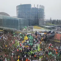 Agriculteurs rassemblés devant le Parlement européen à l’appel de la FNSEA, et des Jeunes agriculteurs et soutenu par le Copa-Cogeca ce 20 janvier.