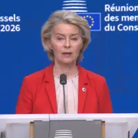 La présidente de la Commission européenne Ursula von der Leyen en conférence de presse à l’issue d’une réunion informelle des dirigeants des Etats mem