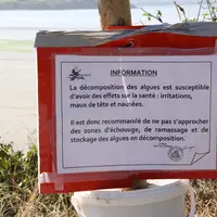 panneau en bord de mer prévenant d'une pollution de l'eau aux algues vertes