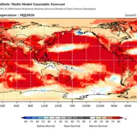 Carte de prévisions probabilistes de la température de l’air en surface pour la période de mai à juillet 2026 à l'échelle mondiale.