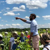 Viticulteur avec un groupe de visiteurs dans des parcelles de vignes