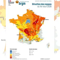 Carte de France hexagonale de la situation des nappes d'eau souterraine au 1er août 2026.