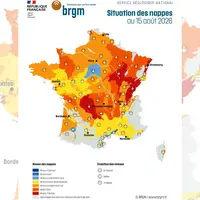 Carte de France hexagonale de la situation des nappes d'eau souterraine au 15 août 2026.