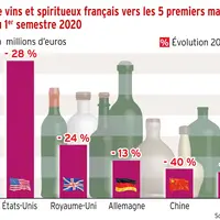 ventes de vins et spiritueux français vers les 5 premiers pays export - 1er semestre 2020