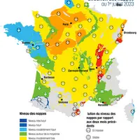 Le bilan des niveaux des nappes phréatiques du BRGM au 1er juillet 2023 garde les traces de la période de recharge 2022-2023 déficitaire sur une grand