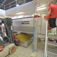 Nettoyage du pressoir Bucher au Château de Rochemorin, Vignobles André Lurton, à Léognan en Gironde. Travail en cave. Récupération des rafles.
