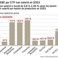 <em class="placeholder">Graphique = Évolution de l'EBE par ETP non salarié en 2023
L'EBE par ETP non salarié a reculé de 0,8 % à 48 % selon