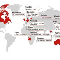Carte du monde figurant les principaux hubs de réexportation de vin.