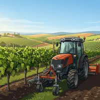 Dessin d'un tracteur vigneron dans des vignes.