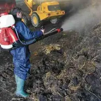 L’ensemencement par complexe bactérien peut être réalisé sur la litière ou en sortie de fumier. Ici, pulvérisation avec le complexe Bactivor de GBP En