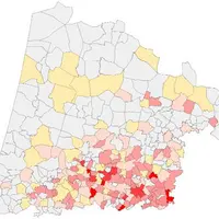 Mises en place de canards  dans les Landes par canton en 2020 (coloration croissante avec le nombre). Quatre cantons concentrent 67 % des mises en pla
