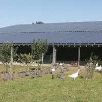 Le bâtiment avec toiture photovoltaïque comprend 4 salles d'élevages, donnant chacune sur un préau devant les parcours.
