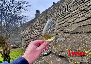 Verre de vin blanc, servi en extérieur, dans le Cantal, près d'un buron