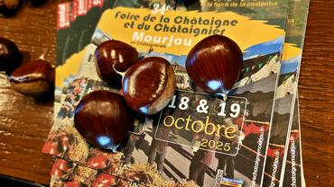 Des châtaignes posées sur un document marqué "Foire de la châtaigne Mourjou".