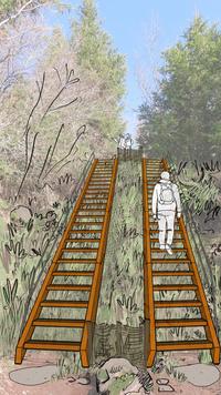 Certaines parties du sentier grimpant au sommet du du puy de La Vache et de Lassolas ont été dépouillés de leurs escaliers et accueilleront des échelles de meunier pour réduire l'érosion du sol.  