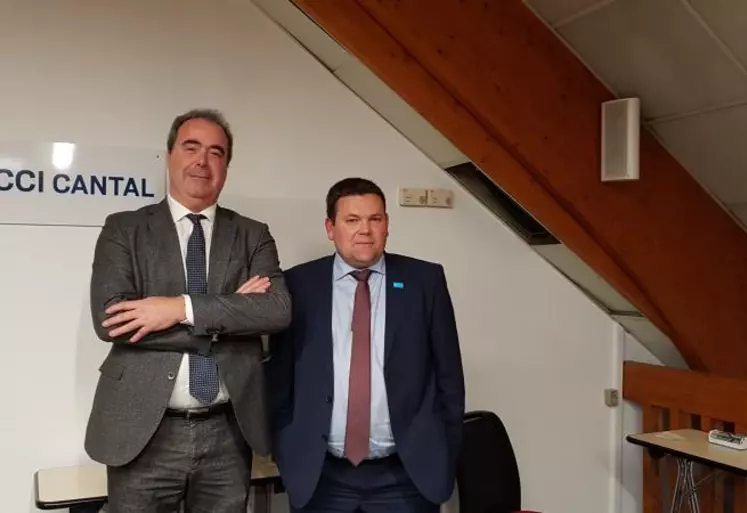 Laurent Ladoux, président de la CCI, a accueilli Sébastien Vidal, président de Limagrain, invité comme grand témoin de la Chambre consulaire à Aurillac.