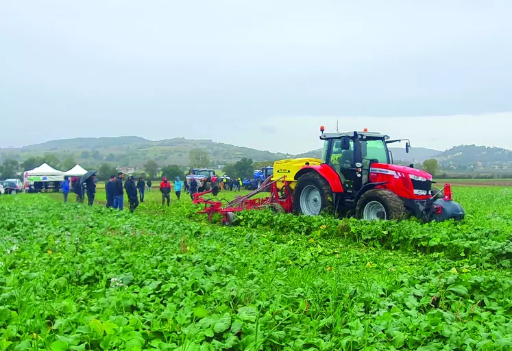 Tracteur équipé d'un semoir direct à dents en démonstration au milieu d'une parcelle en couvert végétal.